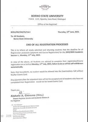 BOSU notice on deadline for all registration processes, 2022/2023 session