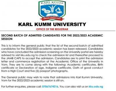 Karl Kumm University second batch admission list, 2022/2023 session