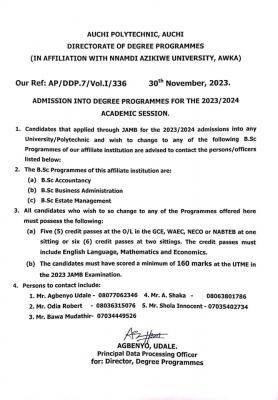 Auchi Poly affiliated to UNIZIK admission into Degree programmes, 2023/2024