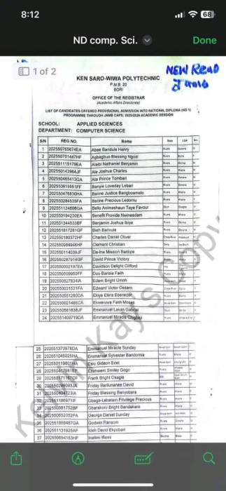 KENPOLY ND Admisison List, 2025/2026