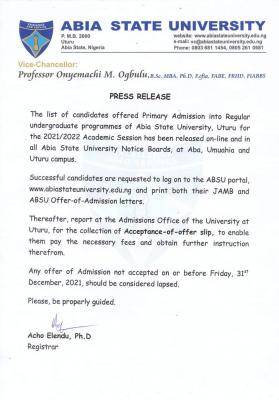 ABSU notice on payment of acceptance fee, 2021/2022