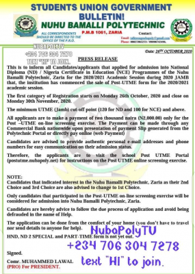 NUBAPOLY Post-UTME 2020: Cut-off marks, Eligibility and Registration Details