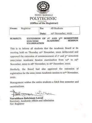 Nuhu Bamalli polytechnic notice on extension of 1st & 3rd semester, 2021/2022