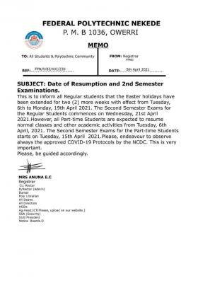 Fed Poly, Nekede notice on resumption and 2nd semester exams, 2019/2020