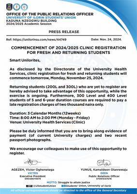 UNILORIN SUG notice on clinic registration for fresh and returning students, 2024/2025