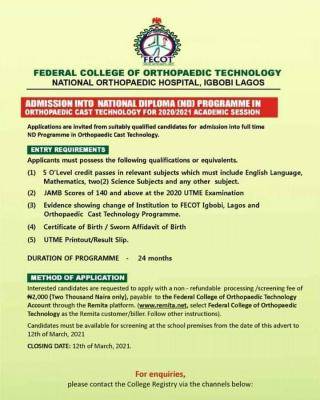 Federal College of Orthopaedic Cast Technology, Lagos admission form,2020/2021