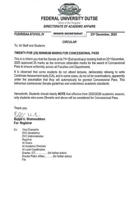 FUDUTSE sets 25 marks as minimum for concessional pass
