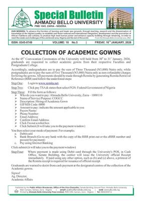 ABU notice on collection of gowns for the 45th convocation ceremony