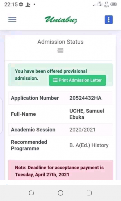 UNIABUJA deadline for payment of acceptance fees, 2020/2021 session