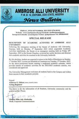 AAU notice on resumption of academic activities