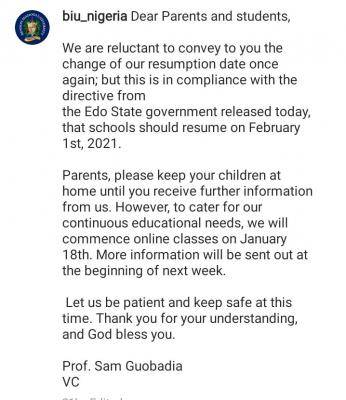 BIU postpones physical resumption, online class commences January 18th