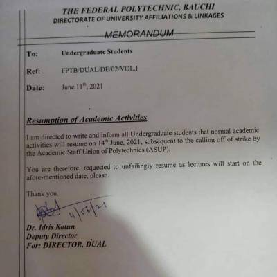 Fed Poly Bauchi announce resumption of academic activities