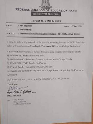FCE Kano notice to newly admitted students on screening/issuance of admission letter