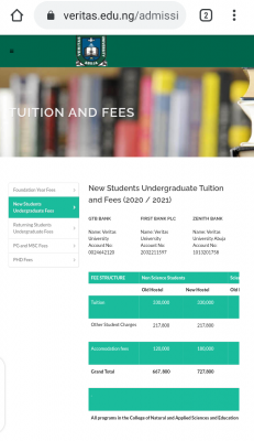 Veritas University Fees Schedule for New and Returning Students for 2020/2021 Academic Session