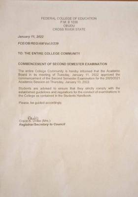 FCE, Obudu notice on commencement of 2nd semester exam, 2020/2021