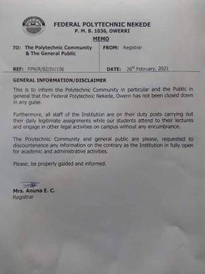 Fed Poly Nekede disclaimer notice