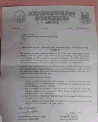 ESUT chapter of ASUU announces resolution on resumption of academic activities