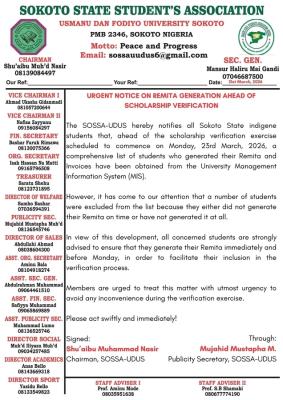 UDUSOK SOSSA notice on Remita Generation for Scholarship Verification