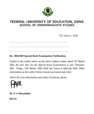 FUED time table for the Special Resit Examination, 2024/2025