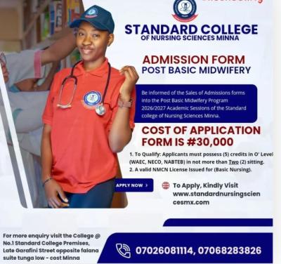 Standard College of Nursing Sciences, Minna Post-Basic Midwifery Admission, 2026/2027