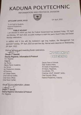 KADPOLY notice on Easter holiday