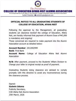 College of Education Afaha Nsit Alumni Association notice to graduating students