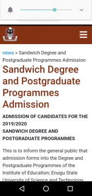 ESUT Sandwich Degree and Postgraduate Programmes Admission, 2019/2020 session