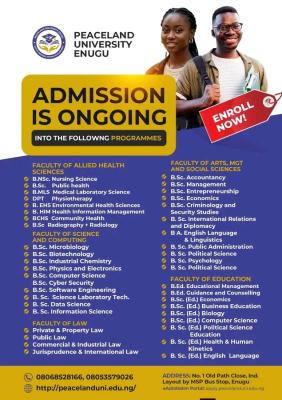 Peaceland University, Enugu undergraduate admissions, 2026/2027 session