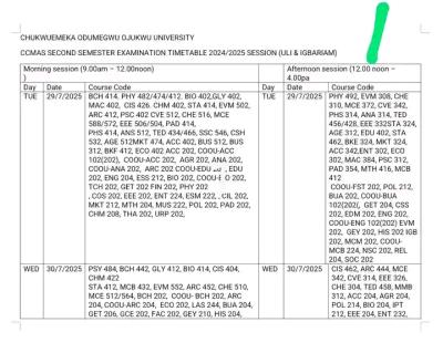 COOU releases second semester exam timetable, 2024/2025