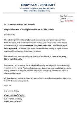 EBSU SUG notice on resolution of missing information on NELFUND portal