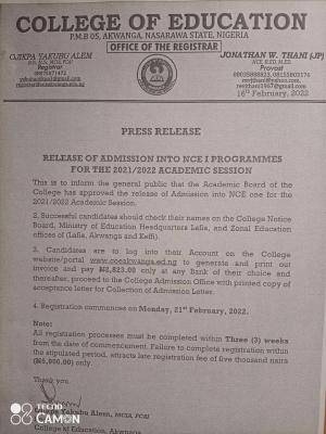 COE Akwanga notice on the release of NCE I admission, 2021/2022 session