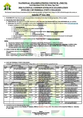 NECO Announces 2026 National Common Entrance Examination for Federal Unity Colleges