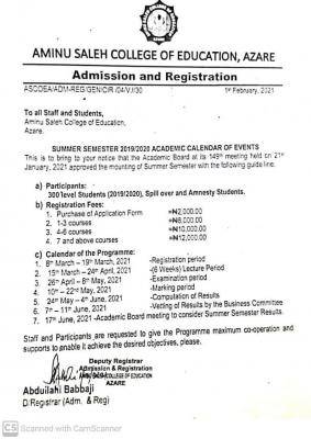 Aminu Saleh COE summer semester academic calendar, 2019/2020