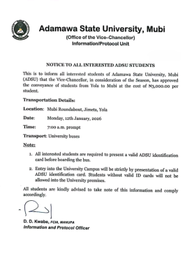 ADSU announces subsidized transport fare for students from Yola to Mubi