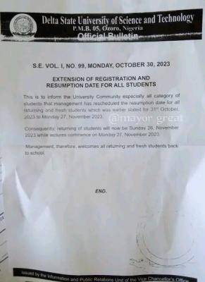 DSUST notice on extension of registration and resumption for all students