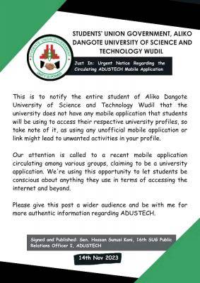 ADUSTECH notice regarding the ADUSTECH Mobile Application being circulated