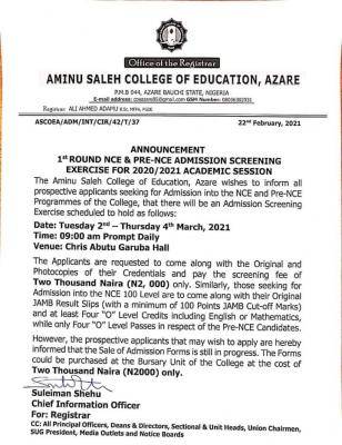 Aminu Saleh COE 1st round NCE and Pre-NCE admission screening, 2020/2201 session