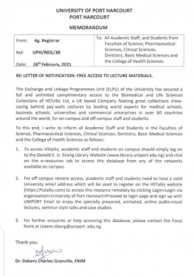 UNIPORT notification on free access to lecture materials
