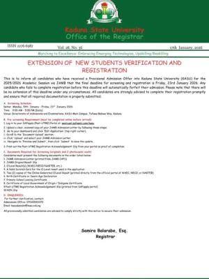 KASU extends new students' verification and registration deadline