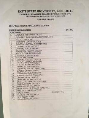 Emmanuel Alayande COE degree admission list for 2021/2022 session