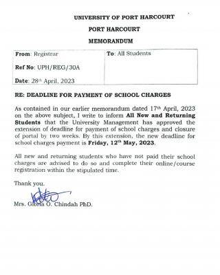 UNIPORT extends deadline for the payment of school Charges