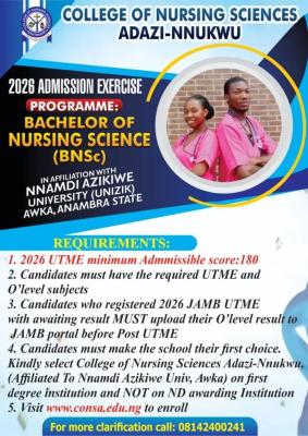 College of Nursing Sciences, Adazi-Nnukwu Bachelor of Nursing Science Post-UTME, 2026/2027