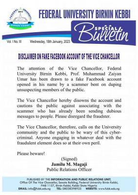 FUBK disclaimer on fake Facebook account of the Vice Chancellor