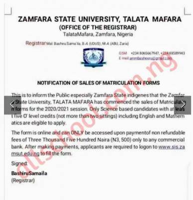 Zamfara State University matriculation form for 2020/2021 session