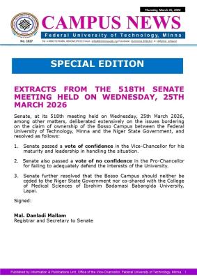 FUT Minna Senate takes key decisions on Bosso Campus ownership dispute