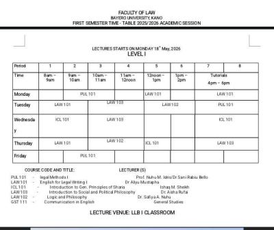 BUL lecture time table for 1st semester, 2025/2026