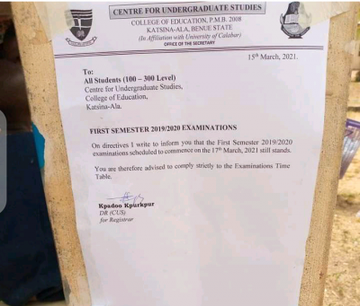 College of Education, Katsina Ala notice on 1st semester exam 2019/2020 session