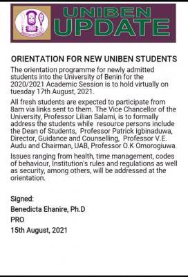 UNIBEN announces virtual orientation for fresh students, 2020/2021 session