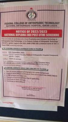 Federal College of Orthopaedic Technology Igbobi Releases 2022/2023 Post-UTME Screening Form