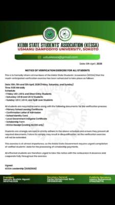 UDUSOK Kebbi State Students’ Association notice on scholarship verification exercise